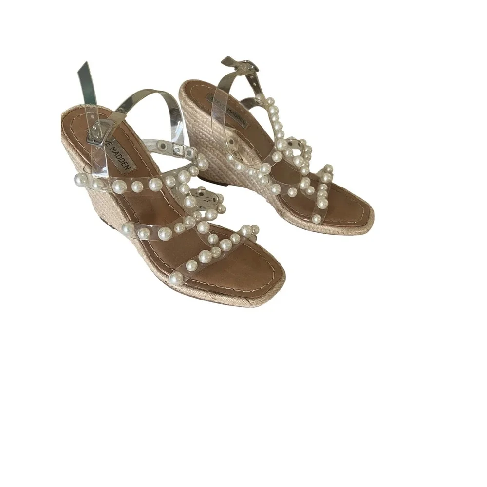 Steve Madden Pearl Embellished Clear Strap Espadrille Wedge Sandals Tan Womens 8